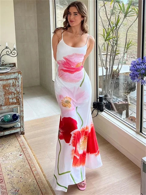 Vestidos de moda con cuello halter ajustado y estampado para mujer, vestido largo elegante sin espalda y cintura alta, vestido de fiesta de verano 2025.