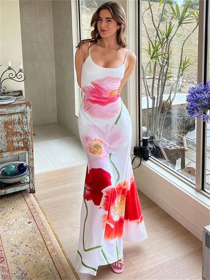 Vestidos de moda con cuello halter ajustado y estampado para mujer, vestido largo elegante sin espalda y cintura alta, vestido de fiesta de verano 2025.