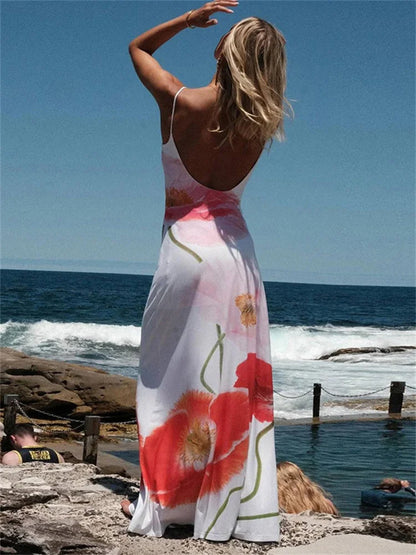 Vestidos de moda con cuello halter ajustado y estampado para mujer, vestido largo elegante sin espalda y cintura alta, vestido de fiesta de verano 2025.