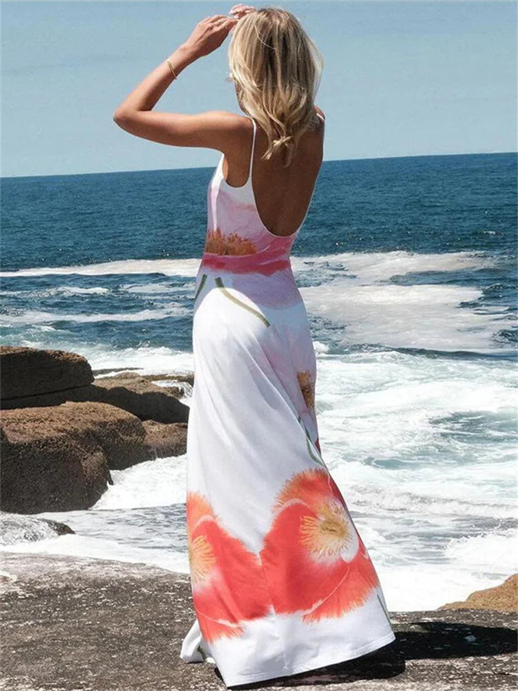 Vestidos de moda con cuello halter ajustado y estampado para mujer, vestido largo elegante sin espalda y cintura alta, vestido de fiesta de verano 2025.