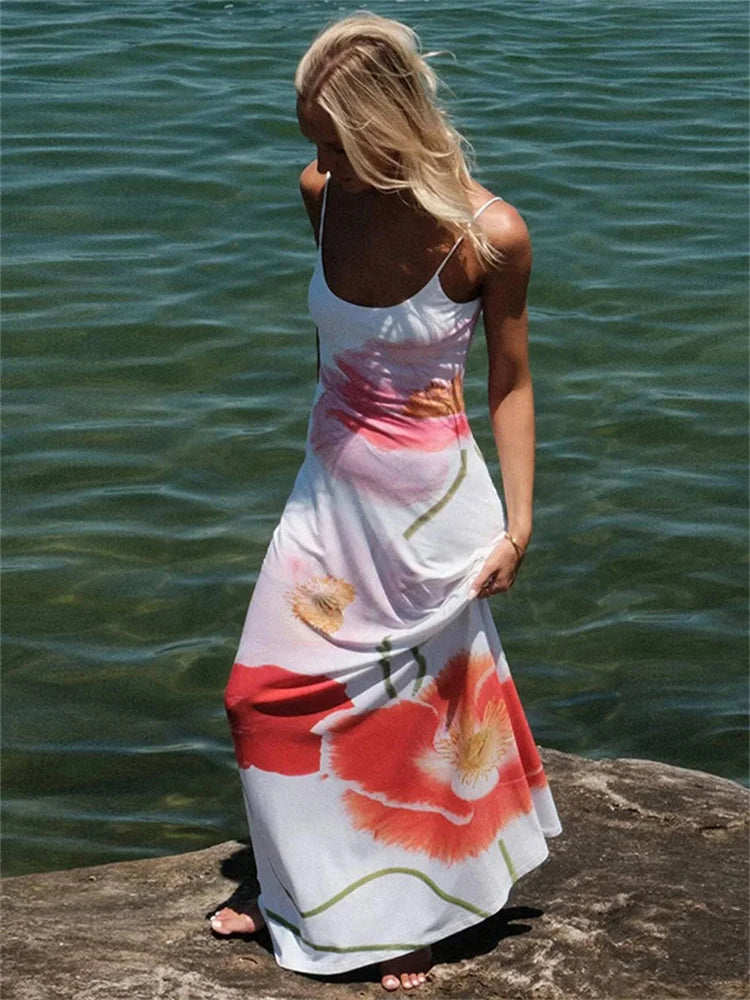Vestidos de moda con cuello halter ajustado y estampado para mujer, vestido largo elegante sin espalda y cintura alta, vestido de fiesta de verano 2025.