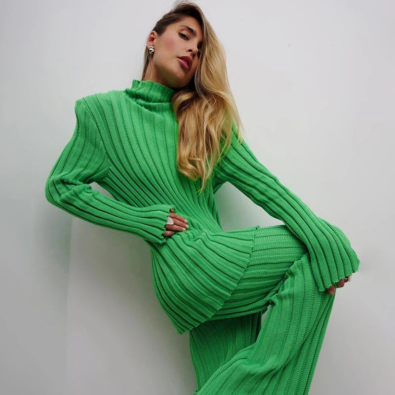 Fashion Ribbed Women’s Turtleneck Sweater Green Long Sleeve Shrugs Knitwear Jumper Female Knitted Tops 2025 Autumn Winter