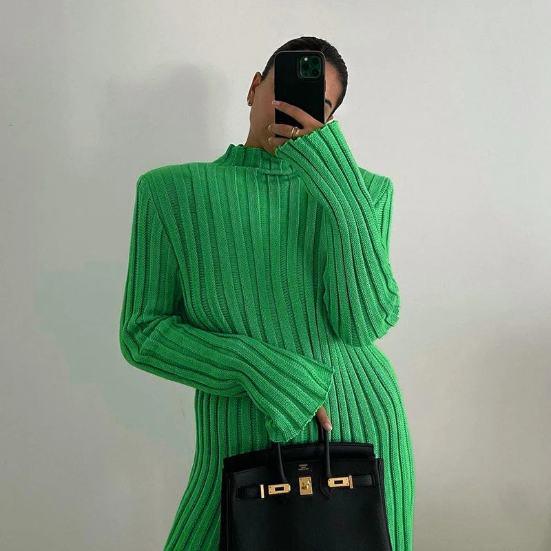 Fashion Ribbed Women’s Turtleneck Sweater Green Long Sleeve Shrugs Knitwear Jumper Female Knitted Tops 2025 Autumn Winter