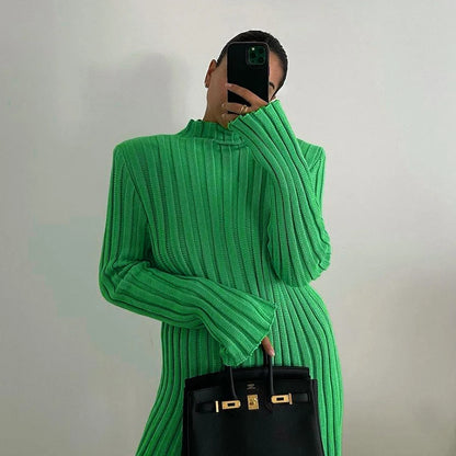 Fashion Ribbed Women’s Turtleneck Sweater Green Long Sleeve Shrugs Knitwear Jumper Female Knitted Tops 2025 Autumn Winter