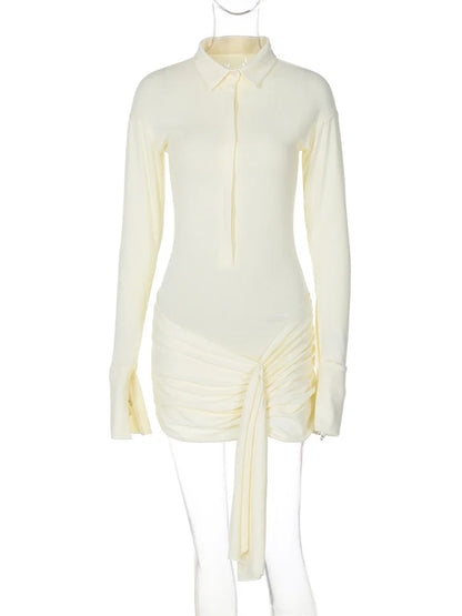 Fashion Sexy See-Through MIni Dress For Women Lapel Pleated See-Through Bandage High Waist Dress Female Solid Mini Dress