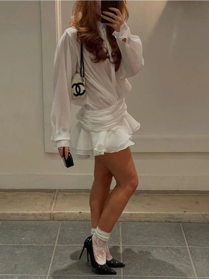 Fashion White Ruffled Mini Dress For Women Cardigan Patchwork See-Through Long Sleeve Sexy Night Club Party Dress Women’s
