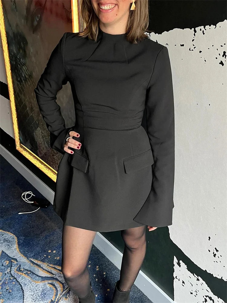 Female Autumn Elegant Mini Dress Women’s Pocket Patchwork Slim Long Sleeve Commute Clothes Female Solid Casual Mini Dress
