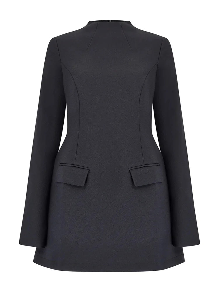 Female Autumn Elegant Mini Dress Women’s Pocket Patchwork Slim Long Sleeve Commute Clothes Female Solid Casual Mini Dress