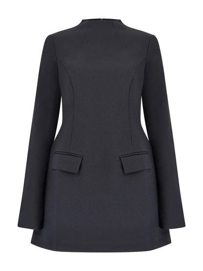 Female Autumn Elegant Mini Dress Women’s Pocket Patchwork Slim Long Sleeve Commute Clothes Female Solid Casual Mini Dress