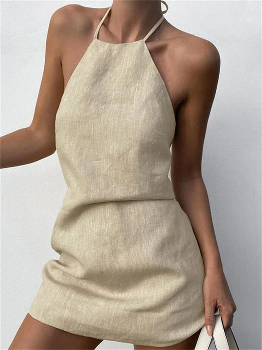 Vestido mini sin espalda para mujer, con cordones, liso, básico, con cuello colgante, patchwork, informal, con hombros descubiertos, sexy, a la moda