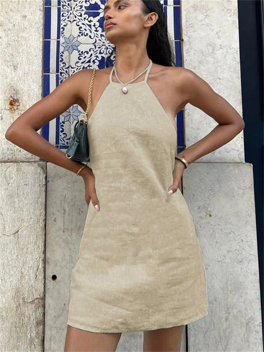 Vestido mini sin espalda para mujer, con cordones, liso, básico, con cuello colgante, patchwork, informal, con hombros descubiertos, sexy, a la moda