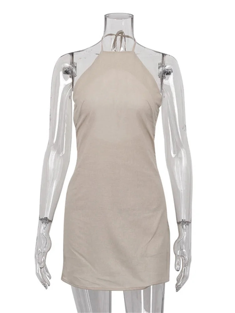 Female Backless Mini Dress Lace-Up Solid Basic Hanging neck Patchwork Casual Off-Shoulder Dress Sexy Fashion Women Dress