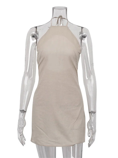Female Backless Mini Dress Lace-Up Solid Basic Hanging neck Patchwork Casual Off-Shoulder Dress Sexy Fashion Women Dress