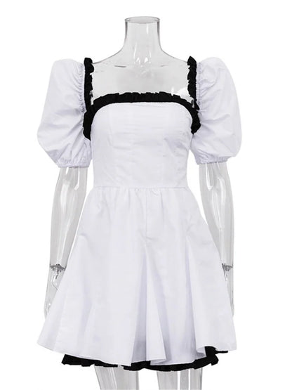 Vestido mini de patchwork en contraste para mujer, manga corta, ajustado, a la moda, para fiesta, con volantes