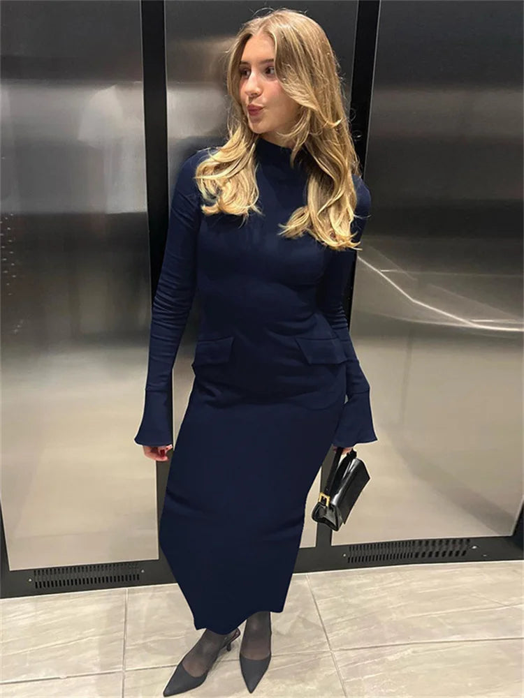 Female Elegant Fashion Maxi Dress High Waist Pocket Patchwork Skinny Commute Autumn  Dress Women’s Solid Long Dress