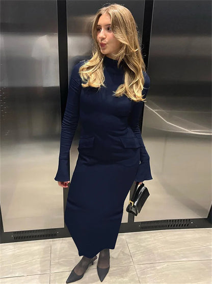 Female Elegant Fashion Maxi Dress High Waist Pocket Patchwork Skinny Commute Autumn  Dress Women’s Solid Long Dress
