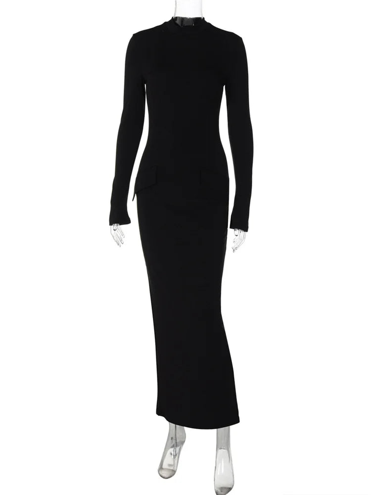 Female Elegant Fashion Maxi Dress High Waist Pocket Patchwork Skinny Commute Autumn  Dress Women’s Solid Long Dress