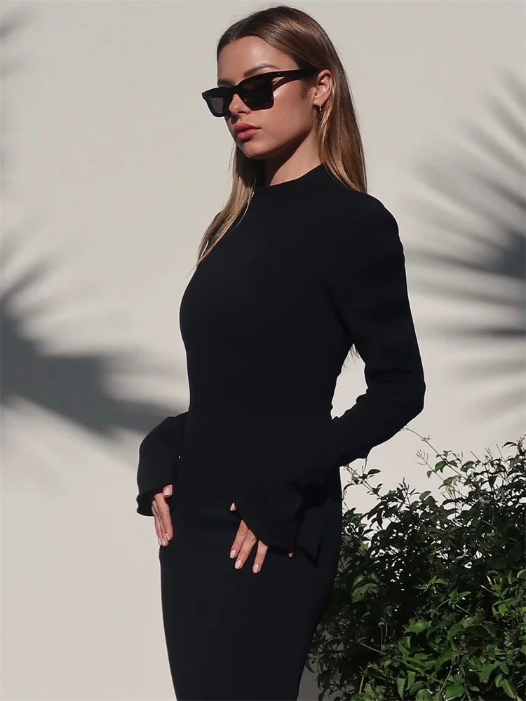 Female Elegant Fashion Maxi Dress High Waist Pocket Patchwork Skinny Commute Autumn  Dress Women’s Solid Long Dress