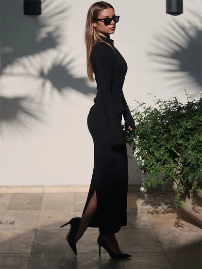Female Elegant Fashion Maxi Dress High Waist Pocket Patchwork Skinny Commute Autumn  Dress Women’s Solid Long Dress