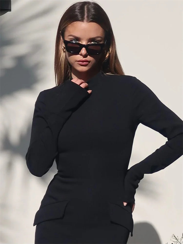 Female Elegant Fashion Maxi Dress High Waist Pocket Patchwork Skinny Commute Autumn  Dress Women’s Solid Long Dress