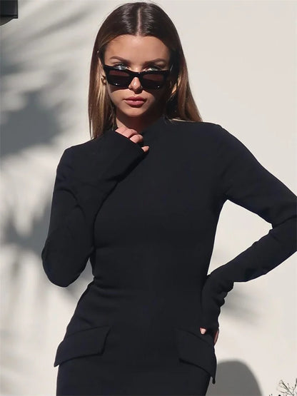 Female Elegant Fashion Maxi Dress High Waist Pocket Patchwork Skinny Commute Autumn  Dress Women’s Solid Long Dress