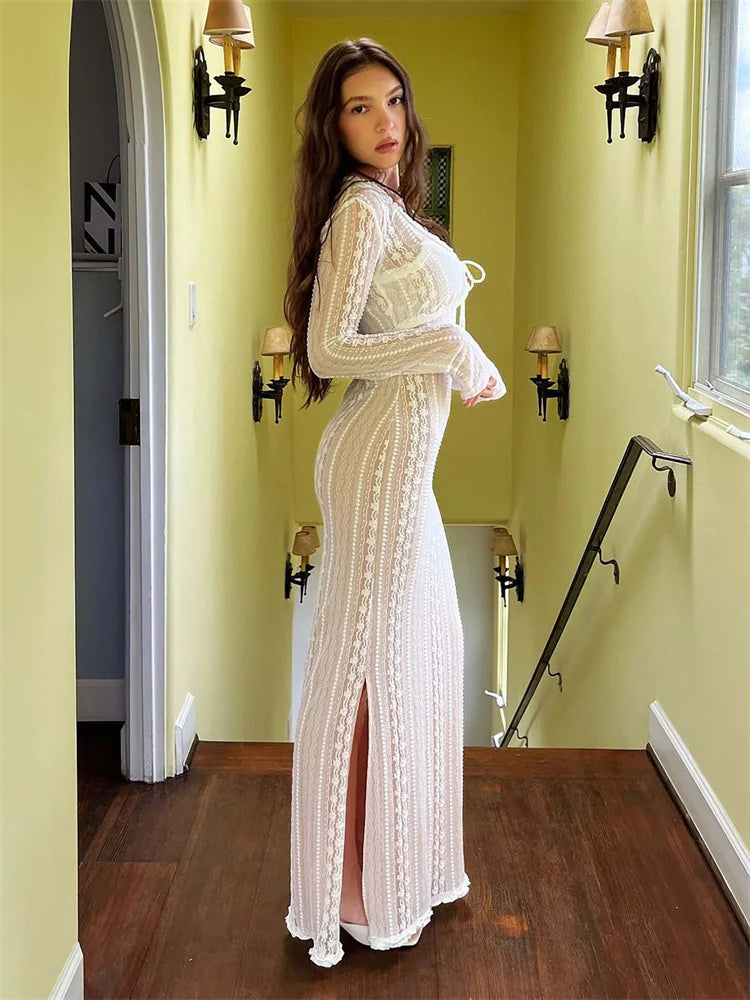 Vestido largo elegante con escote en V y mangas largas para mujer, vestido de fiesta de noche con aberturas, vestido halter de moda de verano 2025