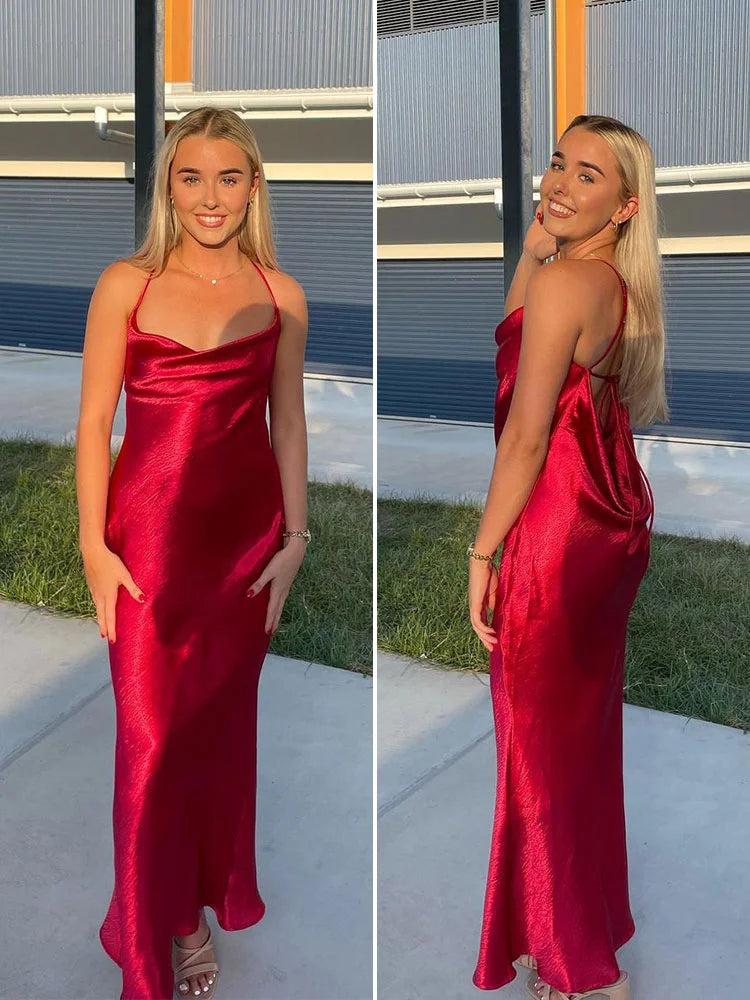 Vestido de fiesta elegante para mujer, moda, ajustado, de lujo, sexy, sin espalda, estilo halter, trajes de satén para mujer, vestido largo de noche.