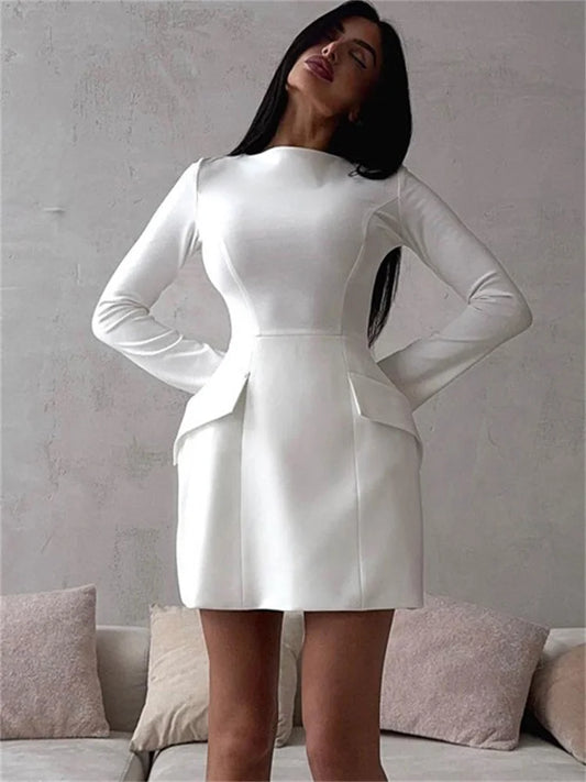 Vestido blanco elegante para mujer, sexy, de retazos, de manga larga, informal, con cremallera, minivestido de otoño, nuevo