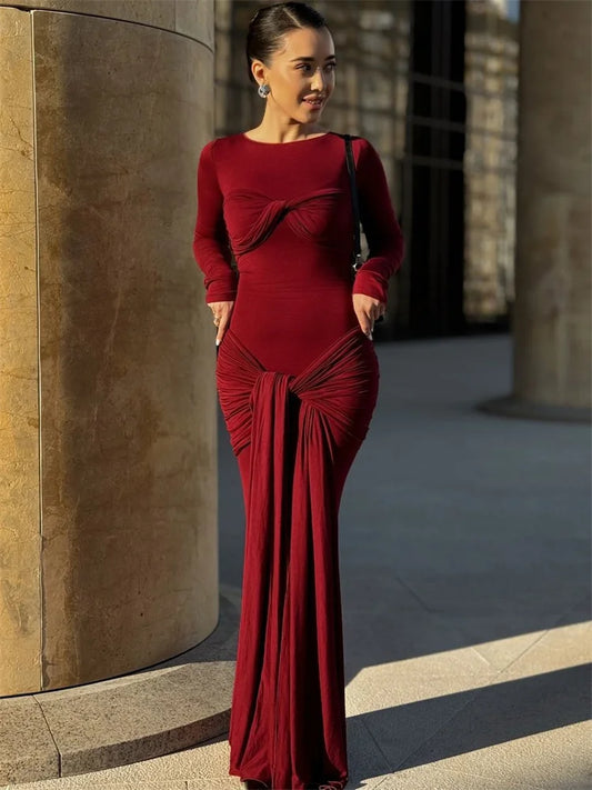 Female Pleated Sexy Maxi Dress Patchwork Twist Slim Long Sleeve Solid Y2k Autumn Streetwear Dress Women’s Bodycon Dress