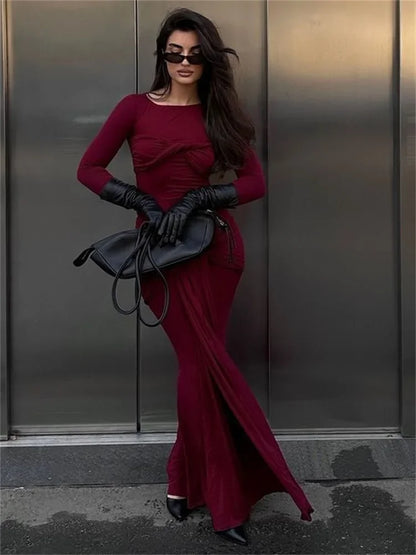 Female Pleated Sexy Maxi Dress Patchwork Twist Slim Long Sleeve Solid Y2k Autumn Streetwear Dress Women’s Bodycon Dress