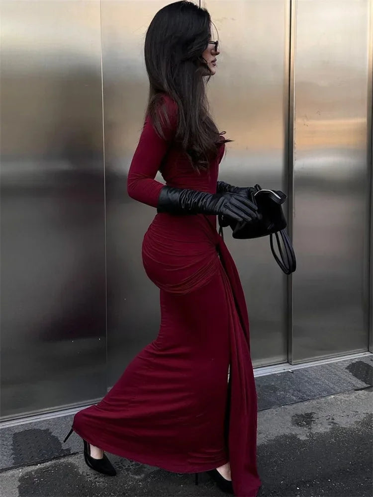 Female Pleated Sexy Maxi Dress Patchwork Twist Slim Long Sleeve Solid Y2k Autumn Streetwear Dress Women’s Bodycon Dress