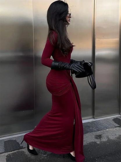 Female Pleated Sexy Maxi Dress Patchwork Twist Slim Long Sleeve Solid Y2k Autumn Streetwear Dress Women’s Bodycon Dress