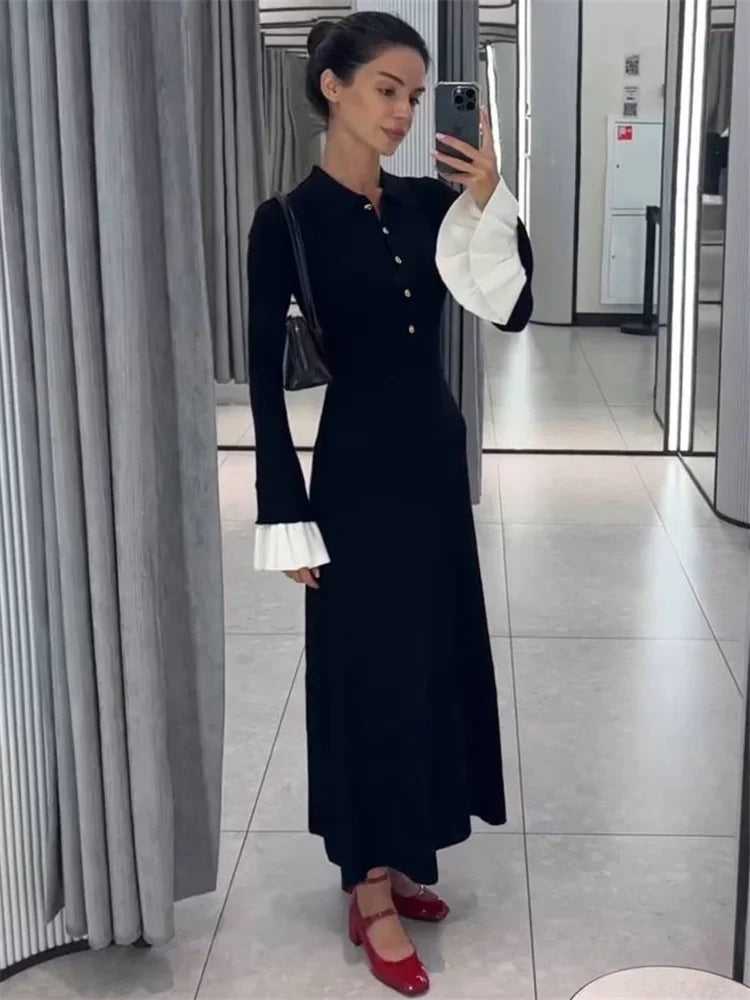 Female Ruffled Knitwear Long Dress Fashion Patchwork Slim Contrast Lapel Casual Party Dress Gown Women’s Knit Maxi Dress