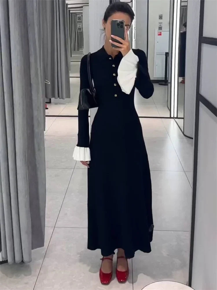 Female Ruffled Knitwear Long Dress Fashion Patchwork Slim Contrast Lapel Casual Party Dress Gown Women’s Knit Maxi Dress