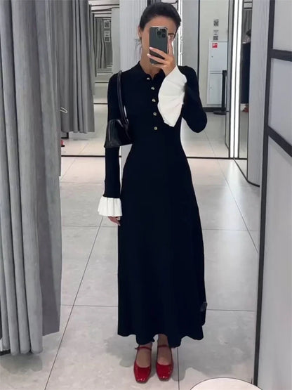 Female Ruffled Knitwear Long Dress Fashion Patchwork Slim Contrast Lapel Casual Party Dress Gown Women’s Knit Maxi Dress