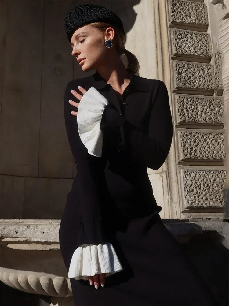 Female Ruffled Knitwear Long Dress Fashion Patchwork Slim Contrast Lapel Casual Party Dress Gown Women’s Knit Maxi Dress