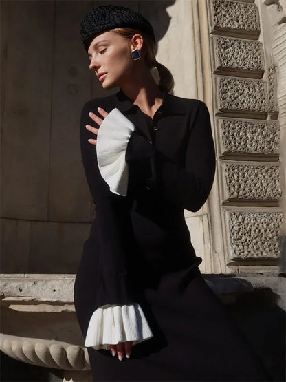 Female Ruffled Knitwear Long Dress Fashion Patchwork Slim Contrast Lapel Casual Party Dress Gown Women’s Knit Maxi Dress