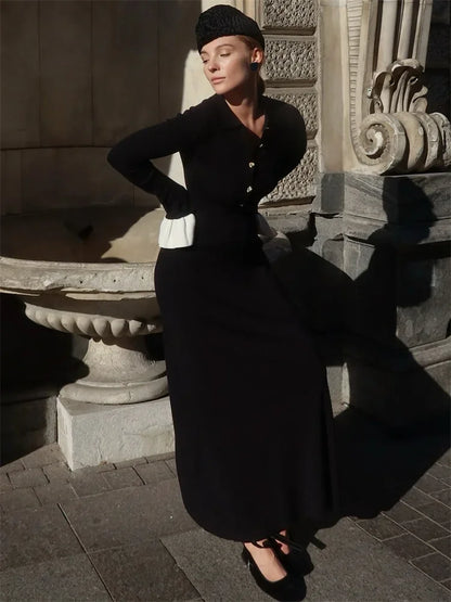 Female Ruffled Knitwear Long Dress Fashion Patchwork Slim Contrast Lapel Casual Party Dress Gown Women’s Knit Maxi Dress