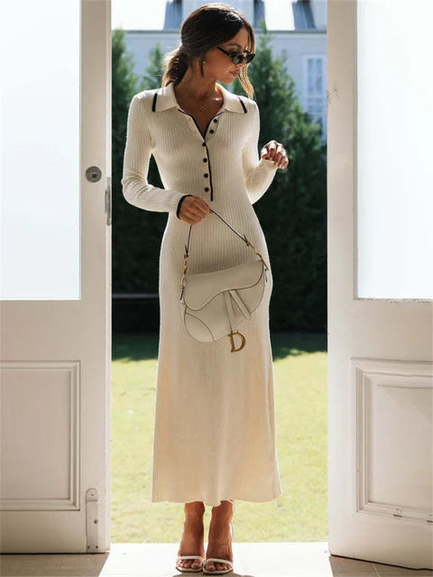 Female Slim Knit Maxi Dress Patchwork Elegant Lapel Contrast Casual Dress High Waist Knitwear Party Dress Autumn Outfit
