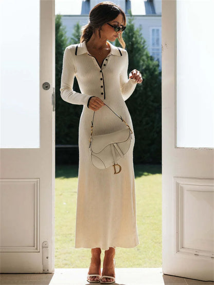 Female Slim Knit Maxi Dress Patchwork Elegant Lapel Contrast Casual Dress High Waist Knitwear Party Dress Autumn Outfit