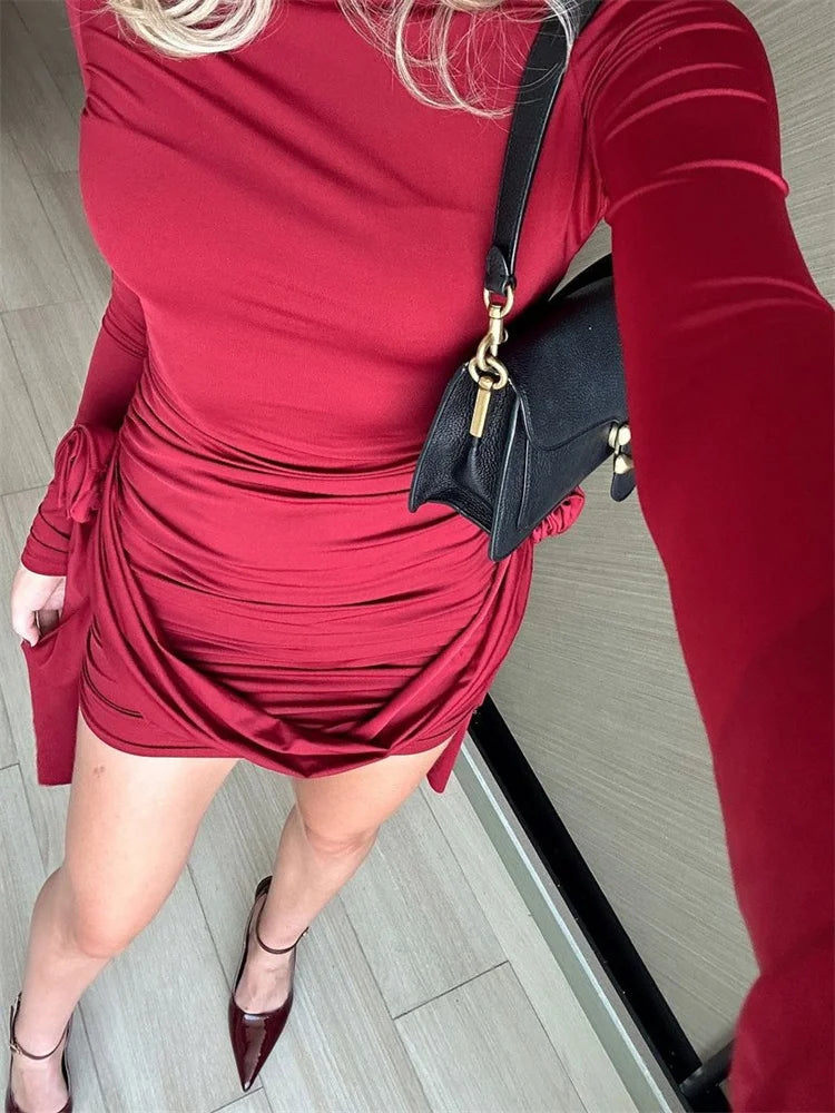 Vestido mini plisado floral de moda para mujer, ajustado, de cintura alta, liso, informal, de otoño, sexy, ajustado, nuevo