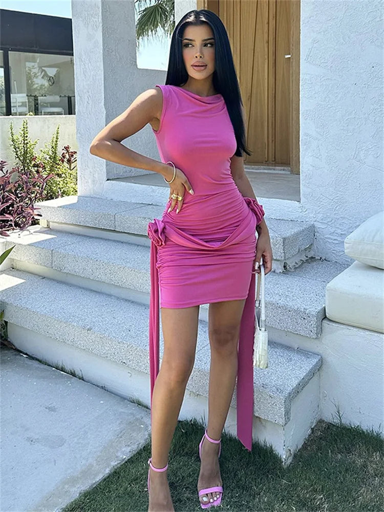 Floral Pleated Sexy Mini Dress Women Sleeveless Slim Patchwork Bodycon Dress Pullover Vestidos Women’s Club Party Dress