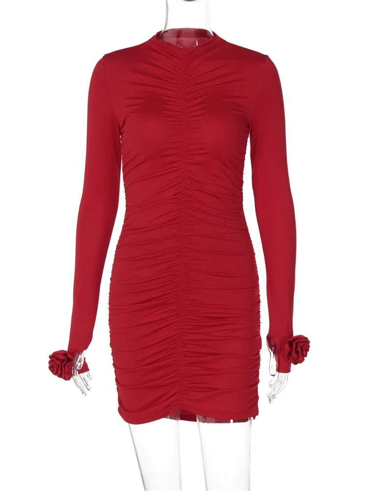 Vestido mini plisado floral ajustado para mujer, manga larga, cintura alta, liso, informal, sexy, Y2k, ropa de otoño para mujer, minivestido