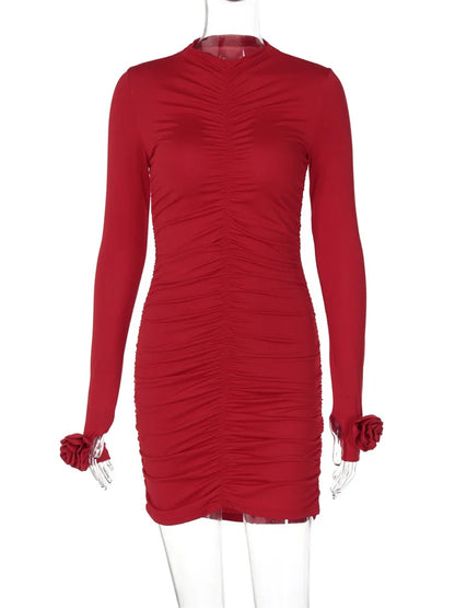 Vestido mini plisado floral ajustado para mujer, manga larga, cintura alta, liso, informal, sexy, Y2k, ropa de otoño para mujer, minivestido