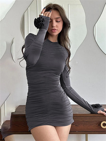 Vestido mini plisado floral ajustado para mujer, manga larga, cintura alta, liso, informal, sexy, Y2k, ropa de otoño para mujer, minivestido
