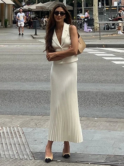 Folds Long Skirt Two Pieces Set Women’s Notched Sleeveless Short Vest Top High Waist Solid Maxi Skirt Fashion Sets 2025
