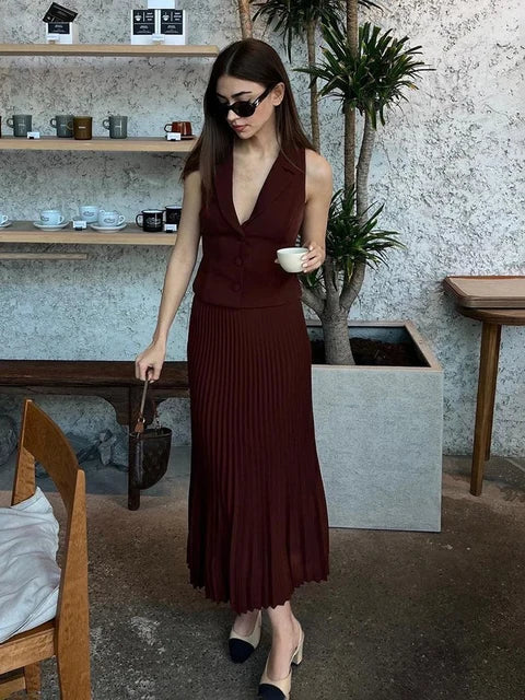 Folds Long Skirt Two Pieces Set Women’s Notched Sleeveless Short Vest Top High Waist Solid Maxi Skirt Fashion Sets 2025