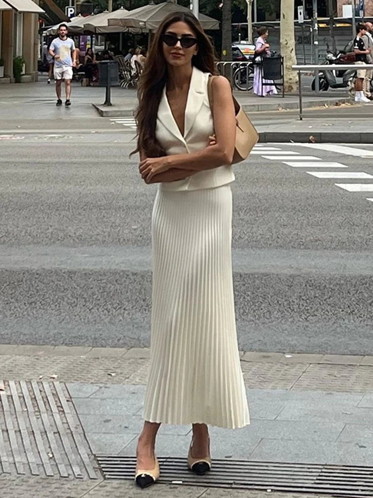 Folds Long Skirt Two Pieces Set Women’s Notched Sleeveless Short Vest Top High Waist Solid Maxi Skirt Fashion Sets 2025