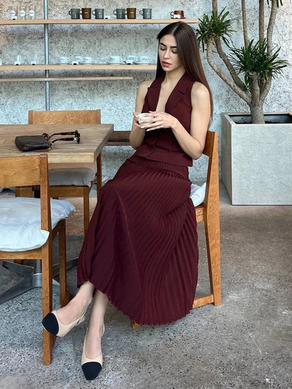 Folds Long Skirt Two Pieces Set Women’s Notched Sleeveless Short Vest Top High Waist Solid Maxi Skirt Fashion Sets 2025