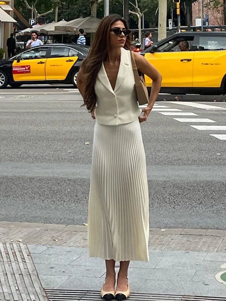 Folds Long Skirt Two Pieces Set Women’s Notched Sleeveless Short Vest Top High Waist Solid Maxi Skirt Fashion Sets 2025